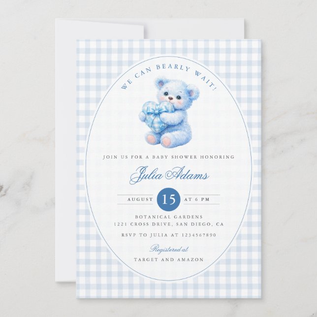 Invitation Blue Gingham Teddy Bear Neutral Baby Shower (Devant)