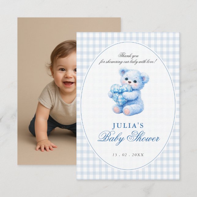 Invitation Blue Gingham Teddy Bear Neutral Baby Shower (Devant / Derrière)