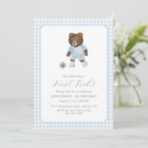 Blue Gingham Teddy Bear Soccer First Kick
