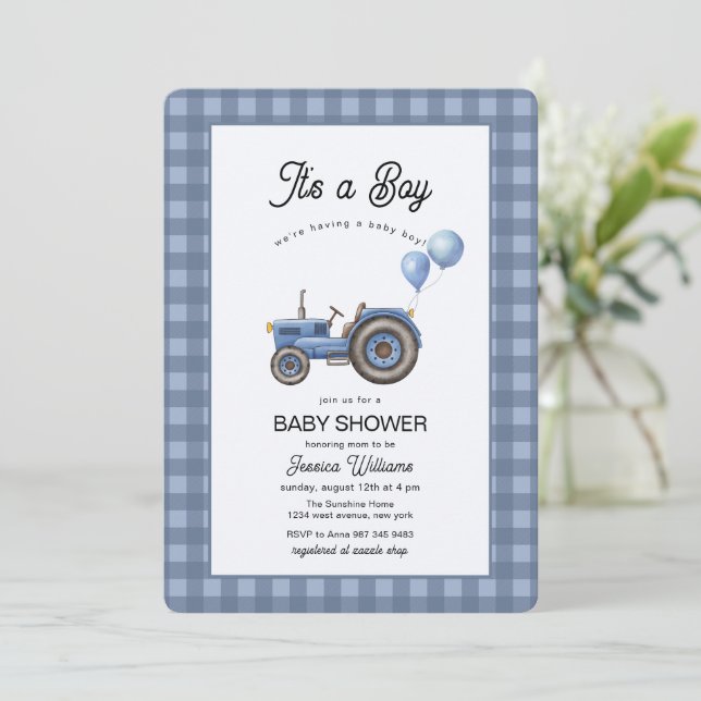 Invitation Blue Gingham Tractor Balloon Baby Shower  (Debout devant)