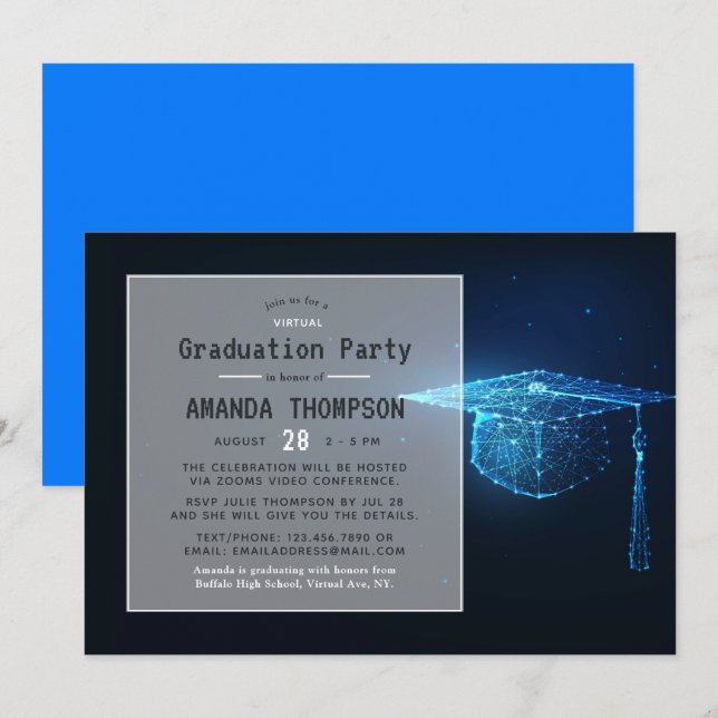 Invitation Blue Glow Futuristic Virtual Graduation Party (Devant / Derrière)