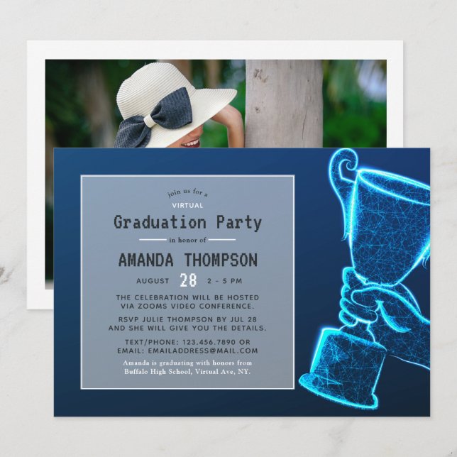 Invitation Blue Glow Futuristic Virtual Graduation Party (Devant / Derrière)
