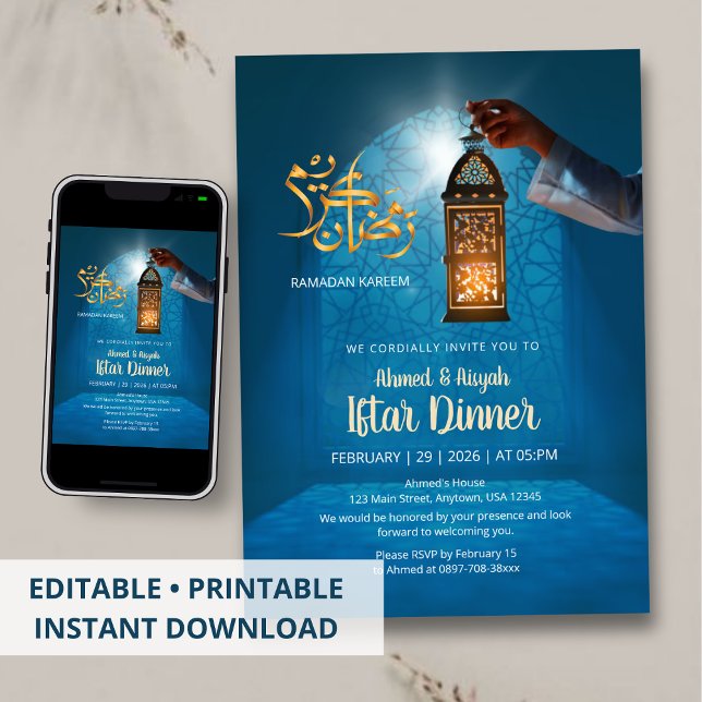 Invitation Blue Glow Ramadan with Golden Lantern Iftar (Créateur téléchargé)
