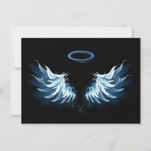 Invitation Blue Glowing Angel Wings on black background