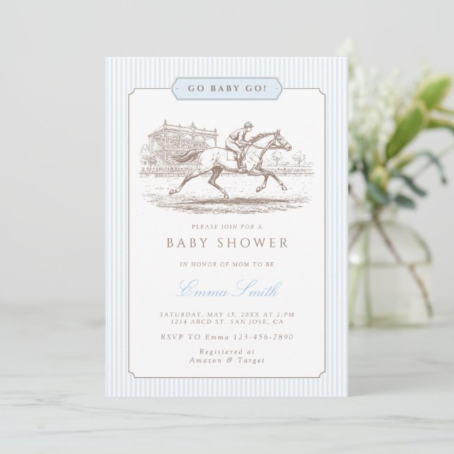 Invitation Blue Go Baby Go Derby Baby Shower Preppy Classic  (Debout devant)