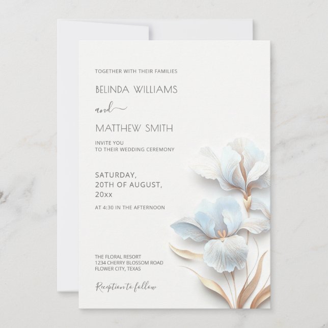 Invitation Blue Gold 3D Flowers  (Devant)