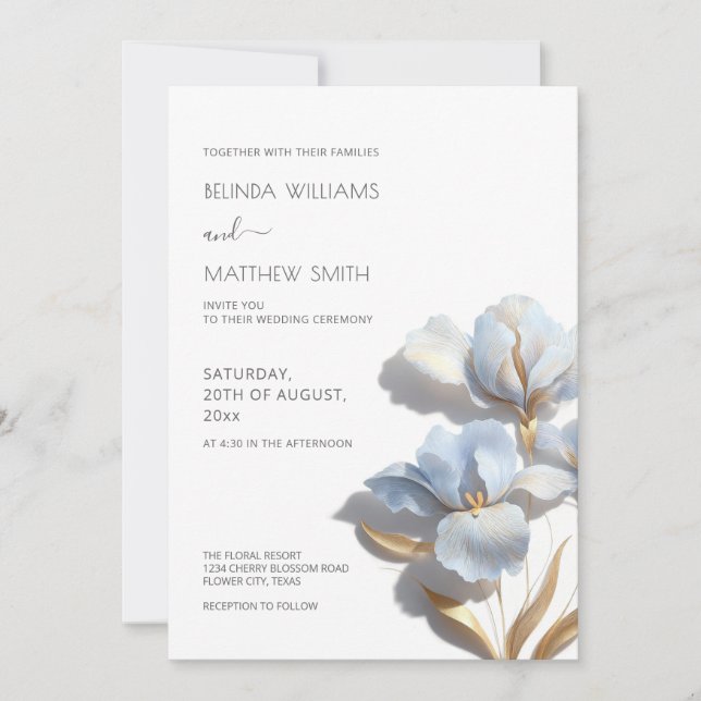 Invitation Blue Gold 3D Flowers  (Devant)