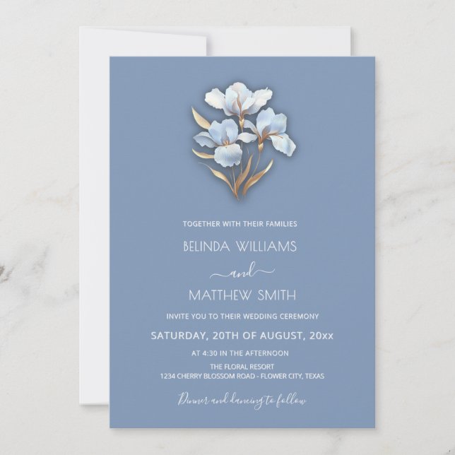 Invitation Blue Gold 3D Flowers  (Devant)