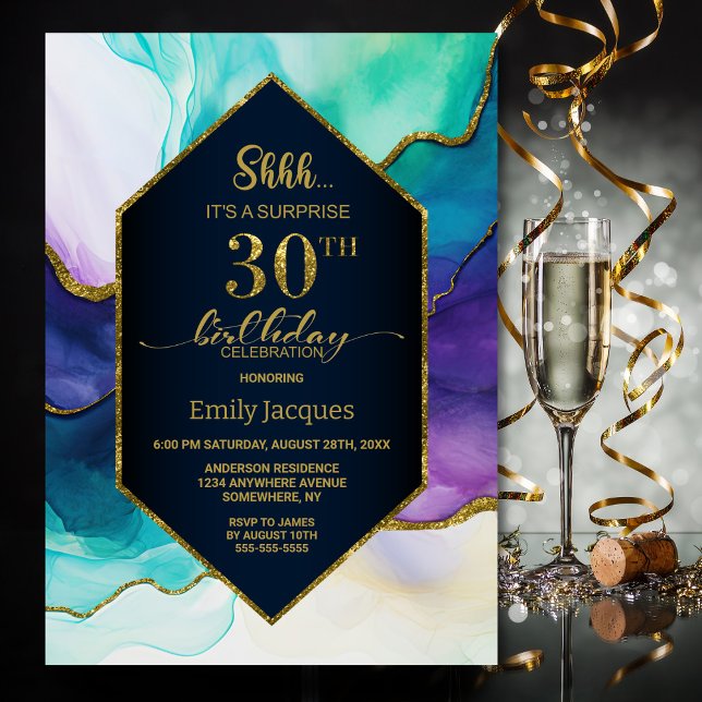 Invitation Blue Gold Agate Surprise 30e fête d'anniversaire (Créateur téléchargé)