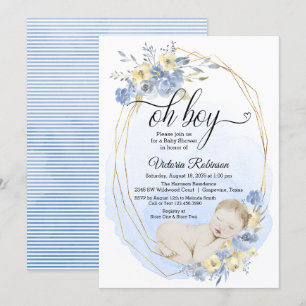 Invitation Blue Gold Aquarelle Oh Baby shower garçon