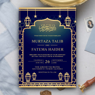 Invitation Blue Gold Arch islamique et Lanterns Mariage musul