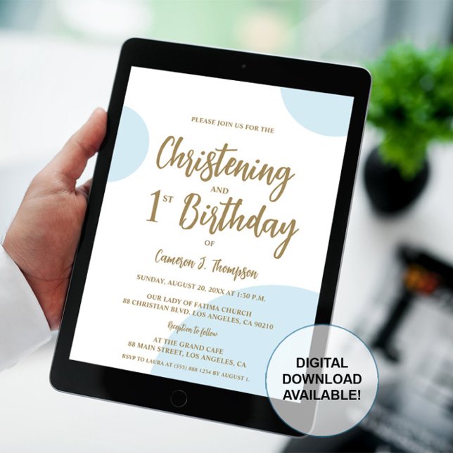Invitation Blue Gold Baby Christening et 1er Anniversaire joi (Christening and 1st birthday party invitation digital download option.)