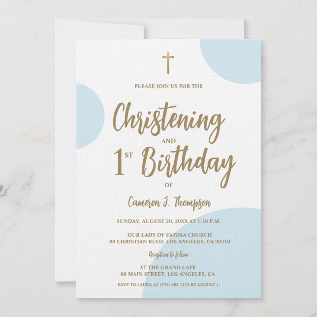Invitation Blue Gold Baby Christening et 1er Anniversaire joi (Devant)