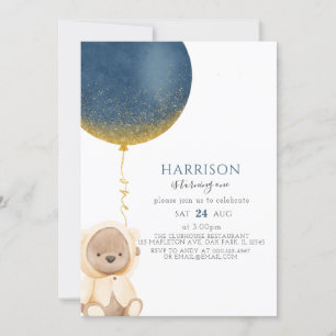 Invitation Blue Gold Balloon Teddy Bear Baby Boy 1er annivers