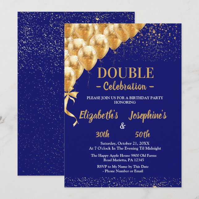 Invitation Blue Gold Balloons parties scintillant double Anni (Devant / Derrière)