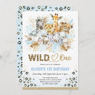 Invitation Blue Gold Boho Safari Animaux sauvages Un Annivers