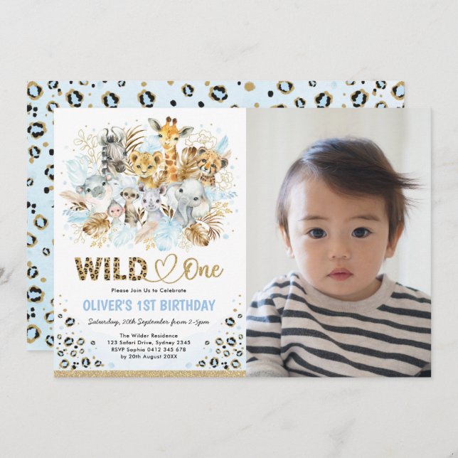 Invitation Blue Gold Boho Safari Wild One Photo Anniversaire (Devant / Derrière)