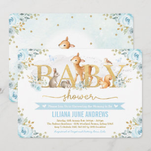 Invitation Blue Gold Boy Boy Baby shower Forêt Animaux