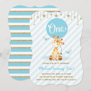 Invitation Blue Gold Boy Giraffe Premier anniversaire Twinkle