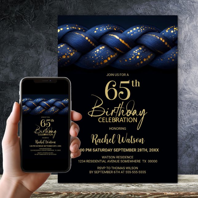 Invitation Blue Gold Braid 65e fête d'anniversaire (Créateur téléchargé)