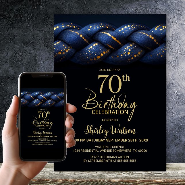 Invitation Blue Gold Braid 70e fête d'anniversaire (Créateur téléchargé)
