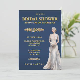 Invitation Blue Gold Bridal Shower Gatsby Elegant
