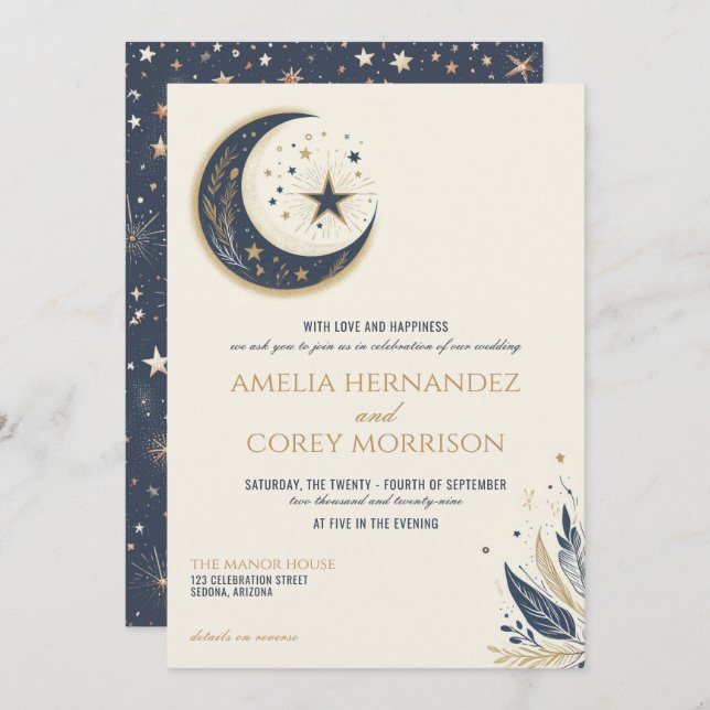 Invitation Blue & Gold Celestiy avec détails Mariage (Devant / Derrière)