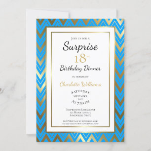 Invitation Blue Gold Chevron Surprise 18e anniversaire Dîner