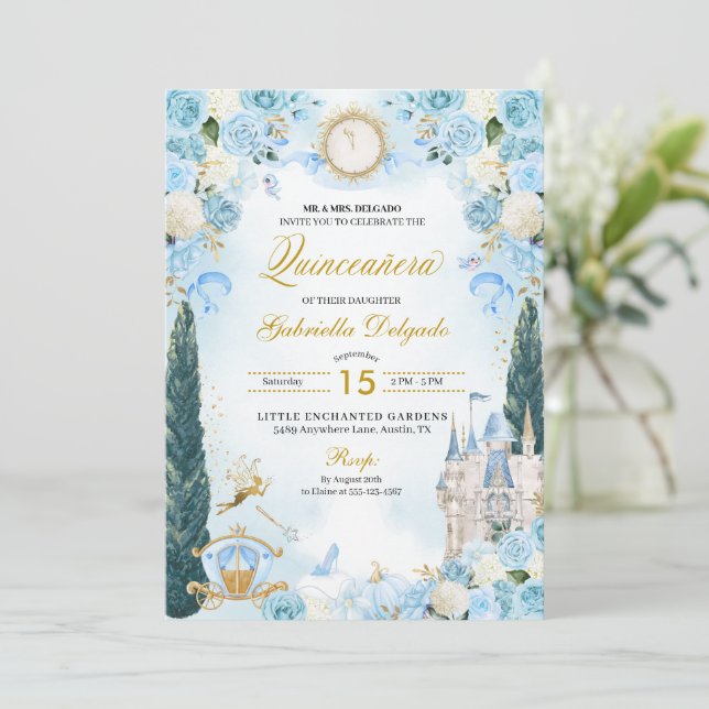 Invitation Blue & Gold Cinderella Princess Fairy Quinceanera (Debout devant)