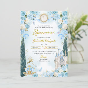 Invitation Blue & Gold Cinderella Princess Fairy Quinceanera