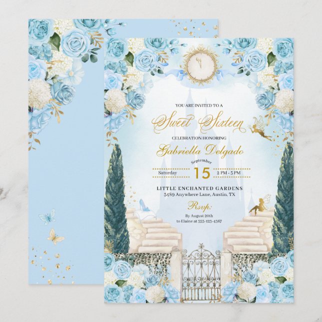 Invitation Blue & Gold Cinderella Princess Sweet sixteen (Devant / Derrière)