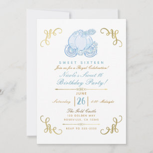 Invitation Blue & Gold Citrouille Carriage Sweet 16 Party
