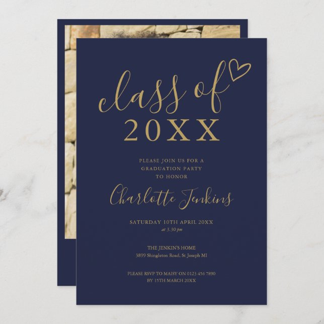 Invitation Blue Gold Classe de script Photo Graduation Party (Devant / Derrière)