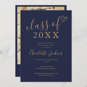 Invitation Blue Gold Classe de script Photo Graduation Party