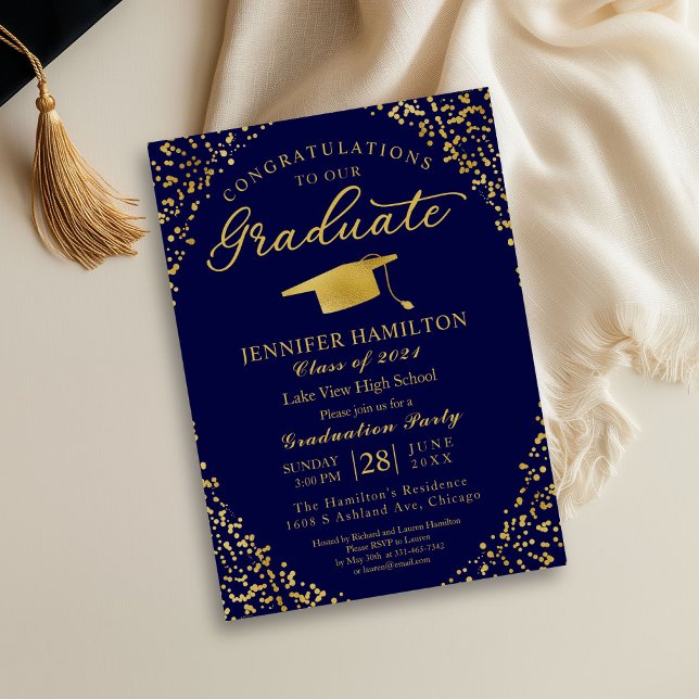 Invitation Blue Gold Confetti Graduation Party (Créateur téléchargé)