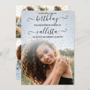 Invitation Blue Gold Confetti Photo Collage Anniversaire