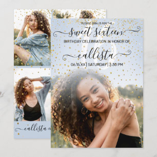 Invitation Blue Gold Confetti Photo Collage Sweet 16