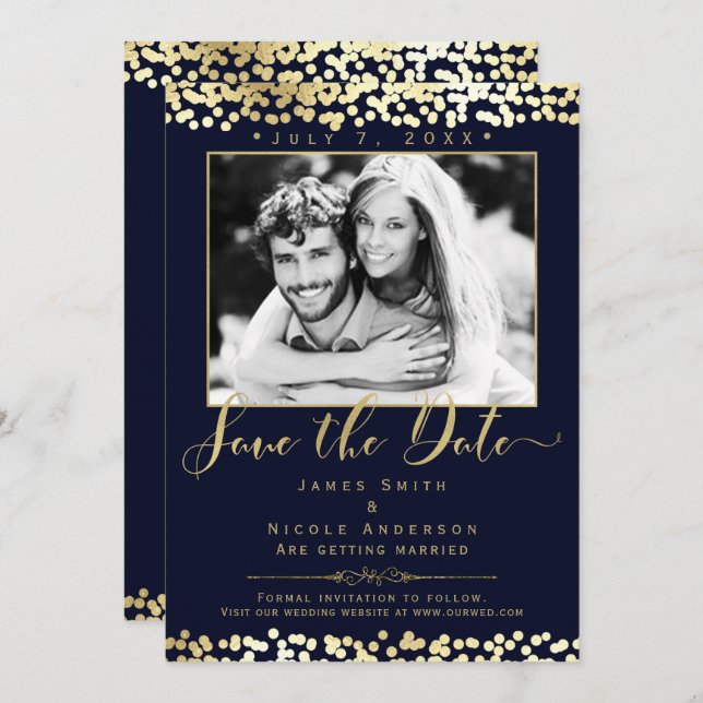 Invitation Blue & Gold Confetti Photo Wedding Enregistrer la  (Devant / Derrière)