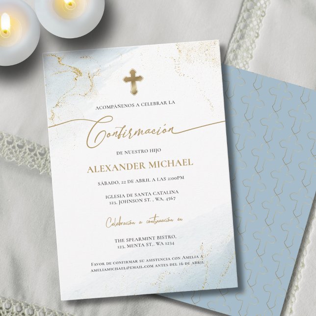 Invitation Blue Gold Cross Boy Confirmation Confirmacion  (Créateur téléchargé)