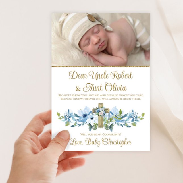 Invitation Blue Gold Cross Boy Photo Godparent (Sweet babu blue and gold cross photo Godparent invitation. simply upload your photo and details.)