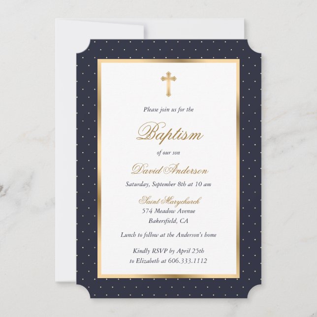 Invitation Blue Gold Cross Pois Élégant Script Baptême (Devant)