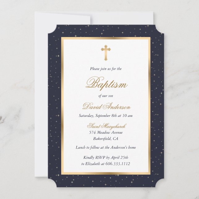 Invitation Blue Gold Cross Stars Élégant Script Baptême (Devant)