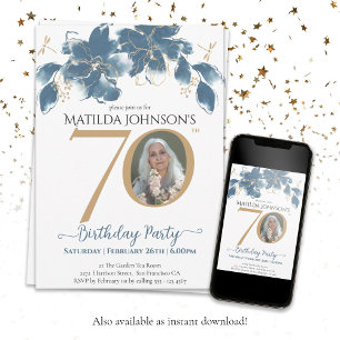 Invitation Blue Gold Custom Photo Floral 70e anniversaire