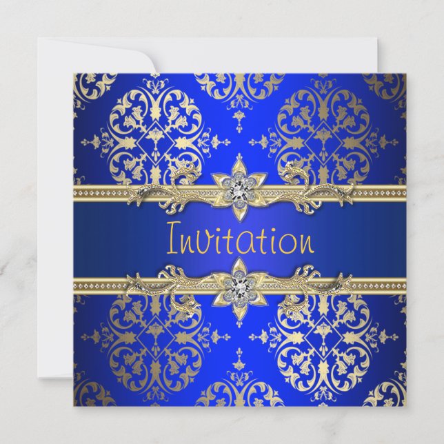 Invitation Blue Gold Damask Royal Blue Party (Devant)