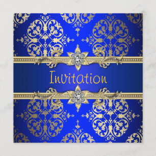 Invitation Blue Gold Damask Royal Blue Party