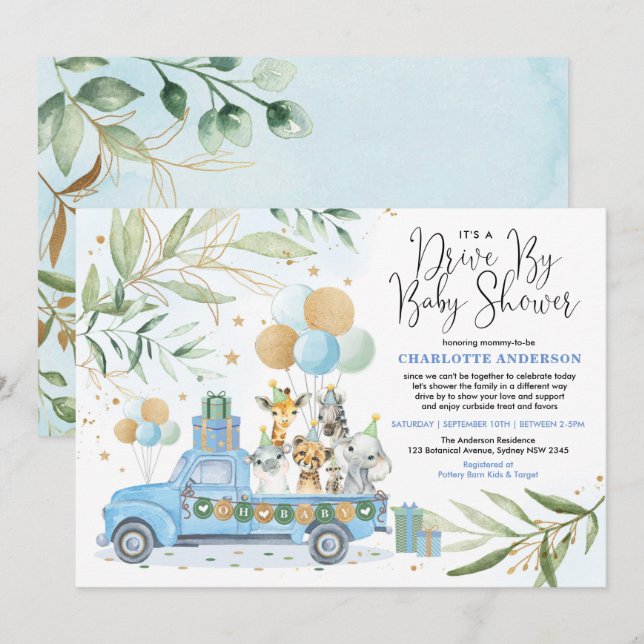 Invitation Blue Gold Drive By Safari Animals Boy Baby shower (Devant / Derrière)