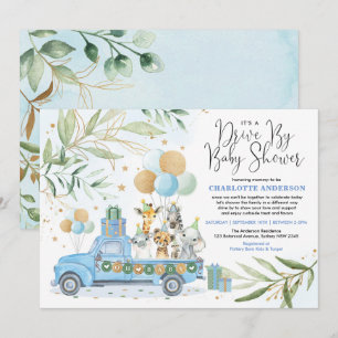Invitation Blue Gold Drive By Safari Animals Boy Baby shower