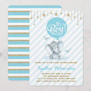 Invitation Blue Gold Elephant Baby shower Twinkle Star Invita