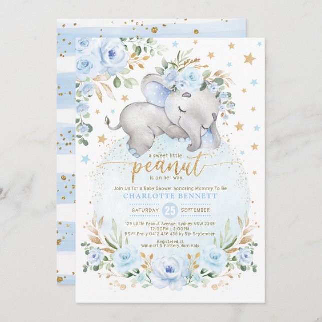 Invitation Blue Gold Elephant Floral Moon Stars Baby shower (Devant / Derrière)