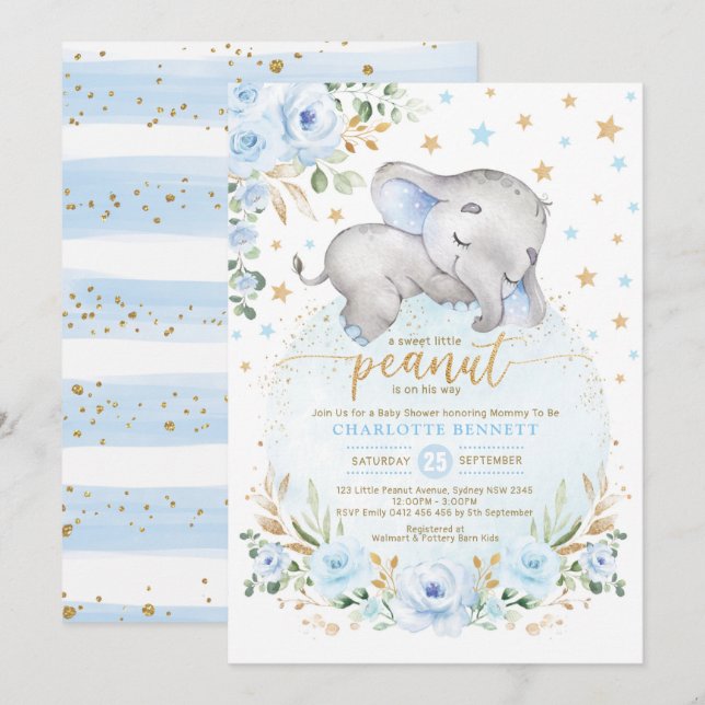 Invitation Blue Gold Elephant Moon Stars Boy Baby shower (Devant / Derrière)